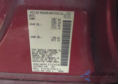 2015 Nissan Altima 3.5 Sl from USA, damaged, VIN 1N4BL3AP9FC257426